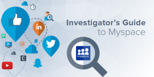 Investigator's Guide to Myspace - Myspace logo under magnifying glass.