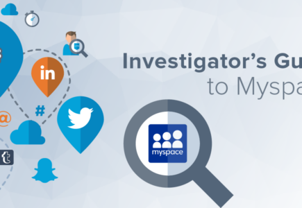 Investigator's Guide to Myspace - Myspace logo under magnifying glass.