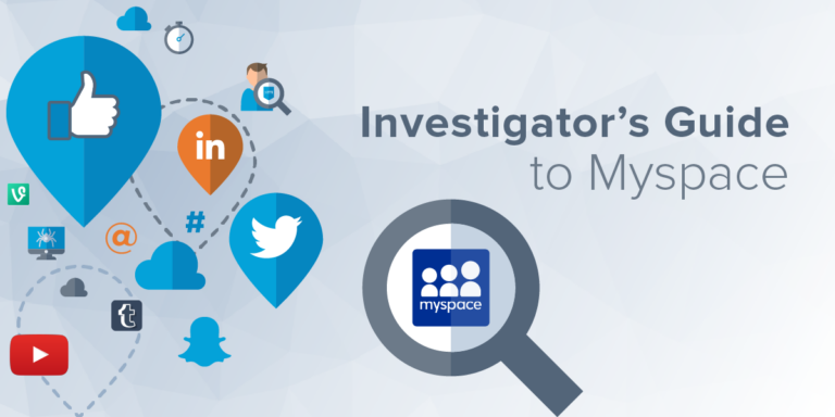 Investigator's Guide to Myspace - Myspace logo under magnifying glass.