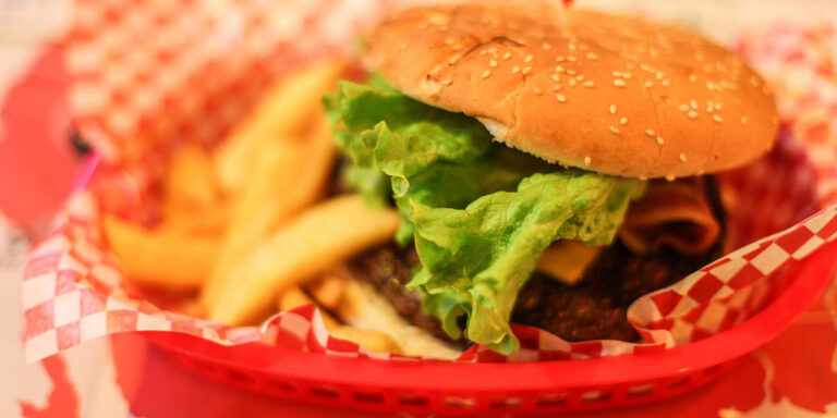 Case Study 0015 - Hamburger and fries in a red basket.