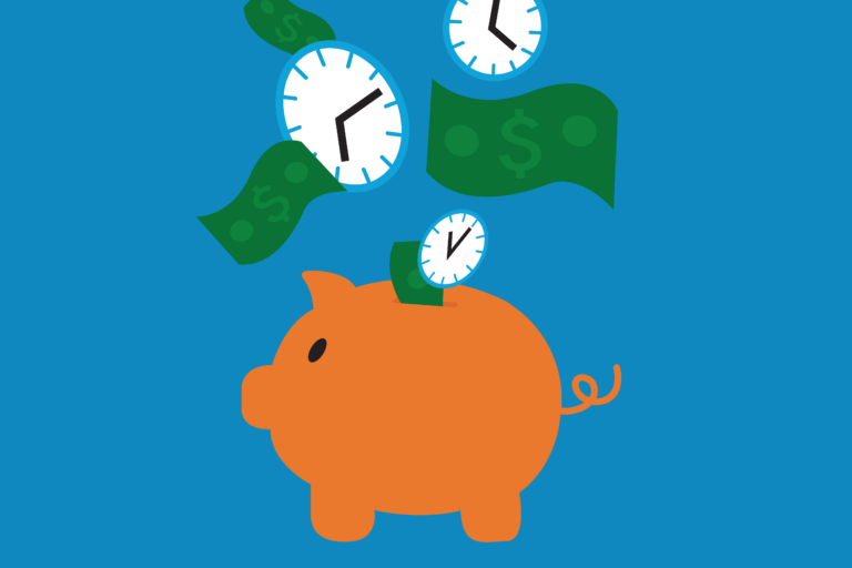 Piggy bank with clocks and dollar bills coming out representative of time and money costs