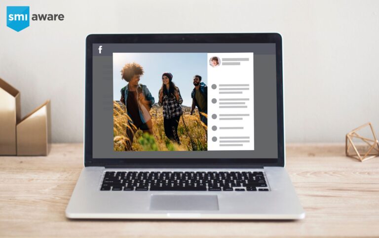 laptop screen with a Facebook post picture of three people hiking representative of social media evidence