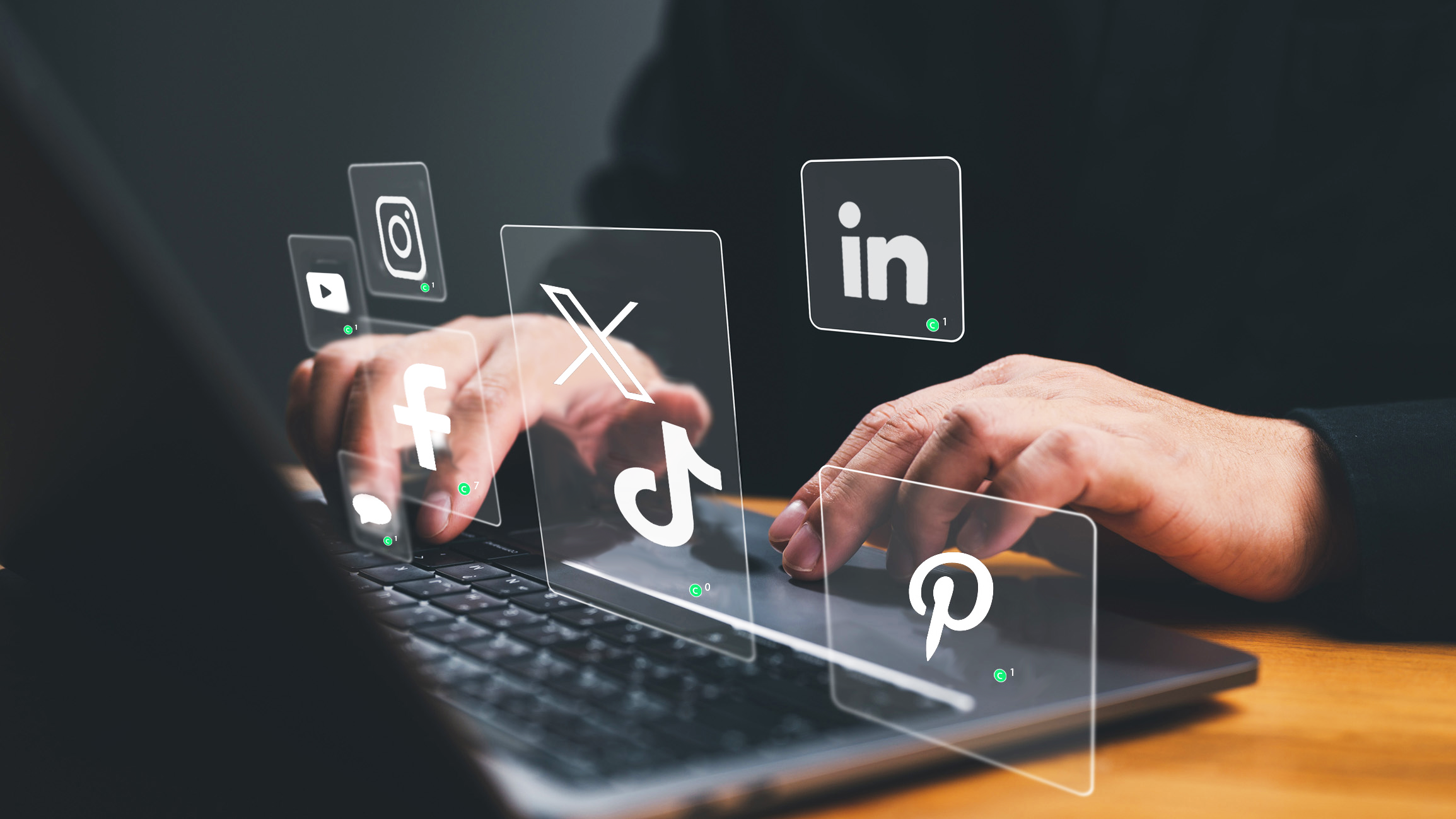 Professional viewing social media results on a laptop