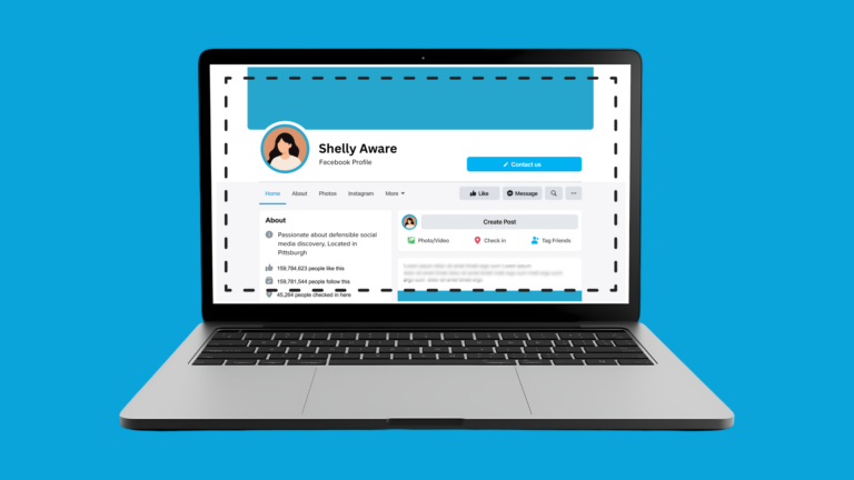 Mock facebook page on a laptop with a screenshot boarder representative of taking a screenshot of a social media profile