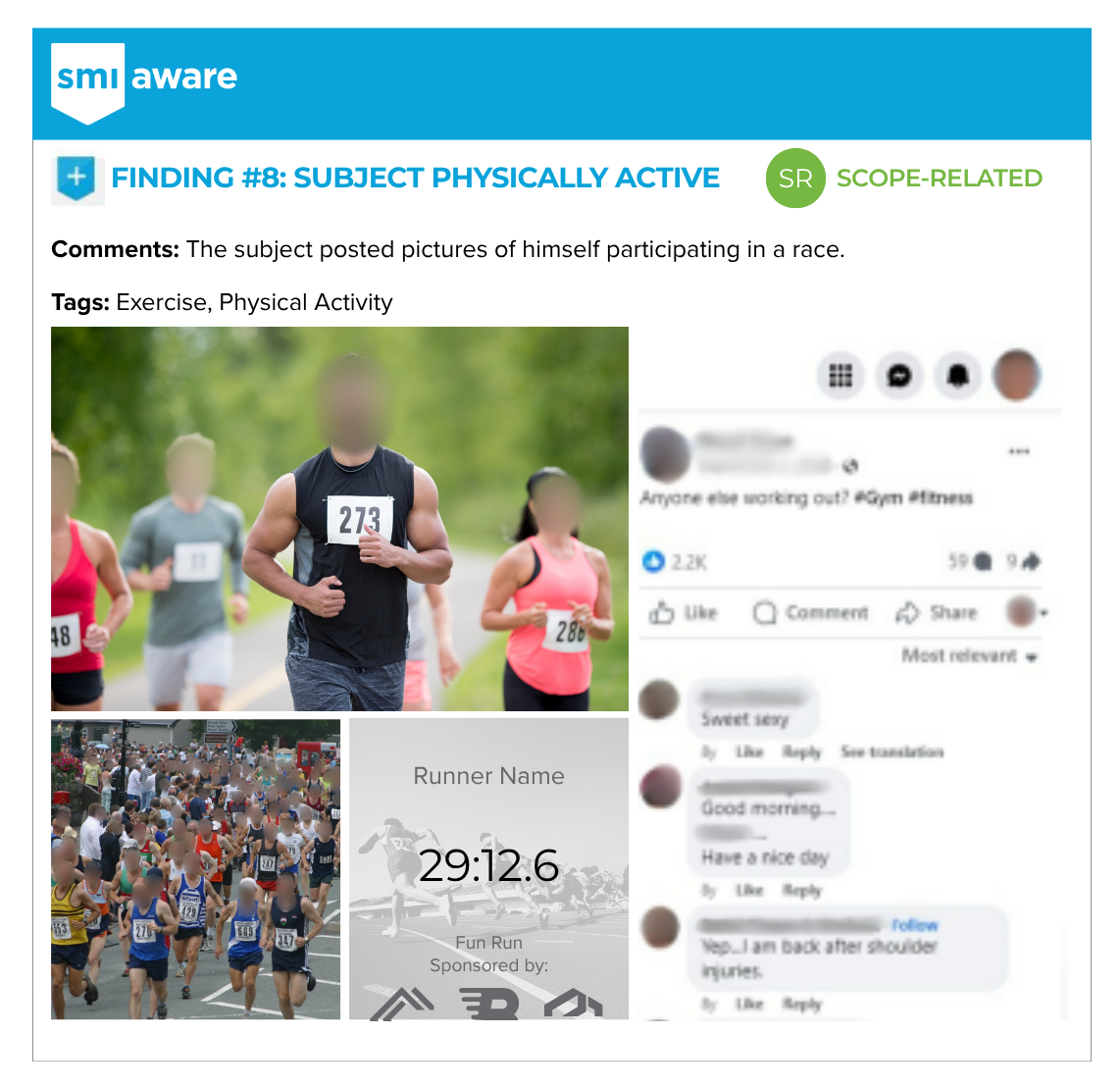 Redacted image of report result showing claimant participating in a race