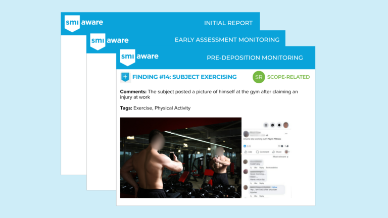 Set of three SMI Aware Deep Reports from initial report to Pre-Deposition report to show the cadence of monitoring and representation of new findings that appear during a case.
