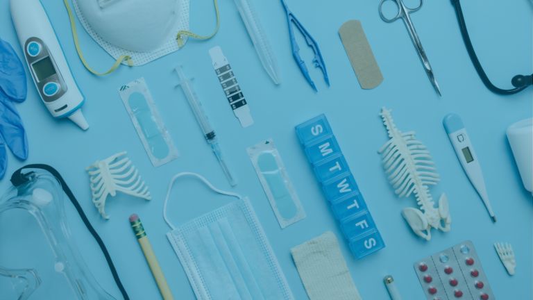 A spread of medical devices and pharmaceutical materials that include bandaids, thermometers, siringes, and medical masks to name a few.